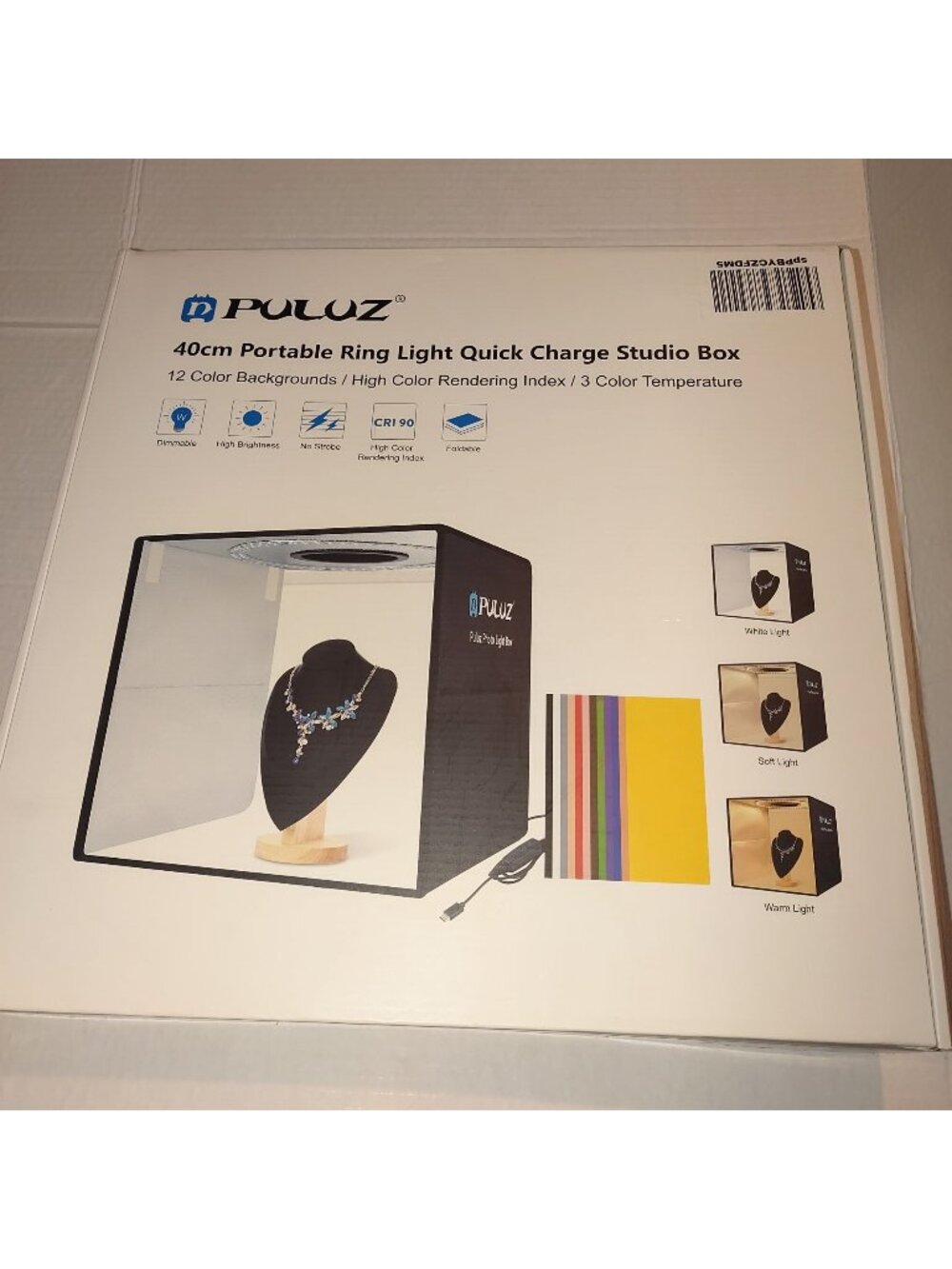 Puluz 40cm Portable Ring Light Photo Studio Box W/ 12 Color Backgrounds 3 Light